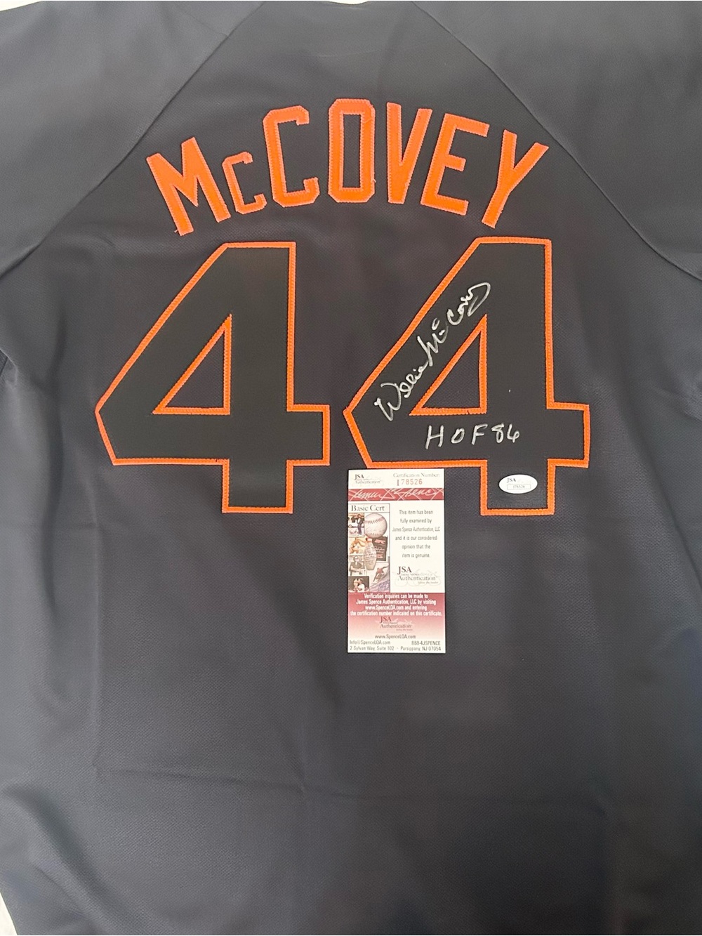 Willie McCovey Autographed San Francisco Giants jersey HOF 86 inscription JSA